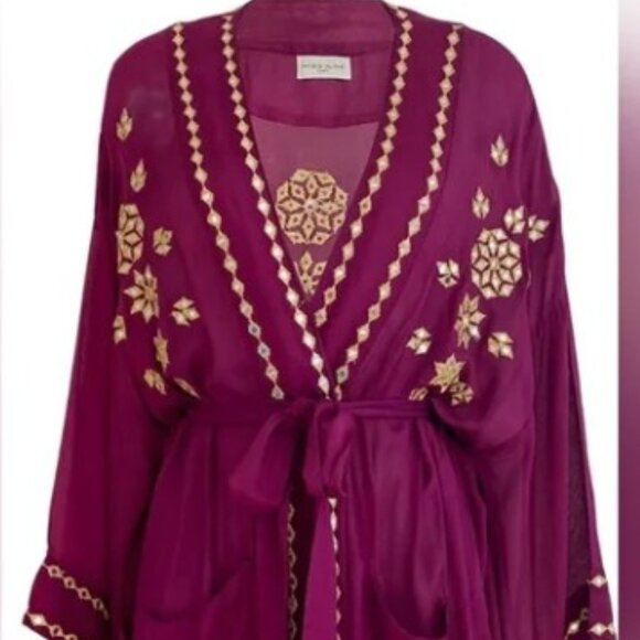 NWT Miss June Dark Fuhsia Embroidery Embellished Belted Kimono Jacket CoverUp OS - Picture 3 of 12